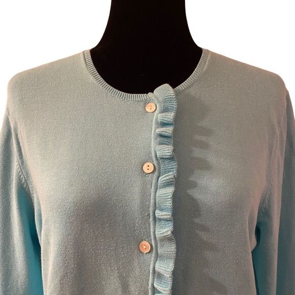 Lands’ End Lightweight‎ Aqua Long Sleeve Cardigan with Front Ruffle Size Medium - Picture 2 of 11